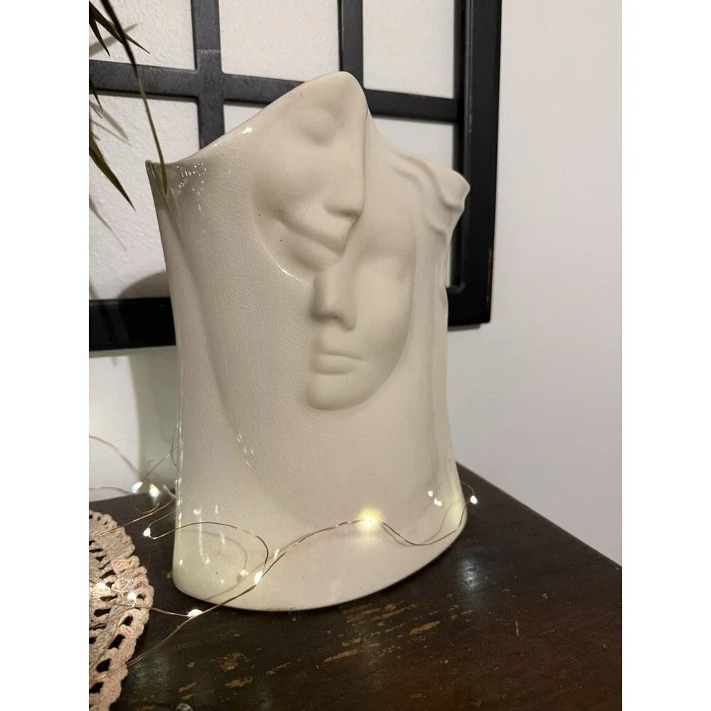 Signed 1990 Linda Mask Ceramic Vase Sculptural Art Piece By Blue Sky Clayworks U